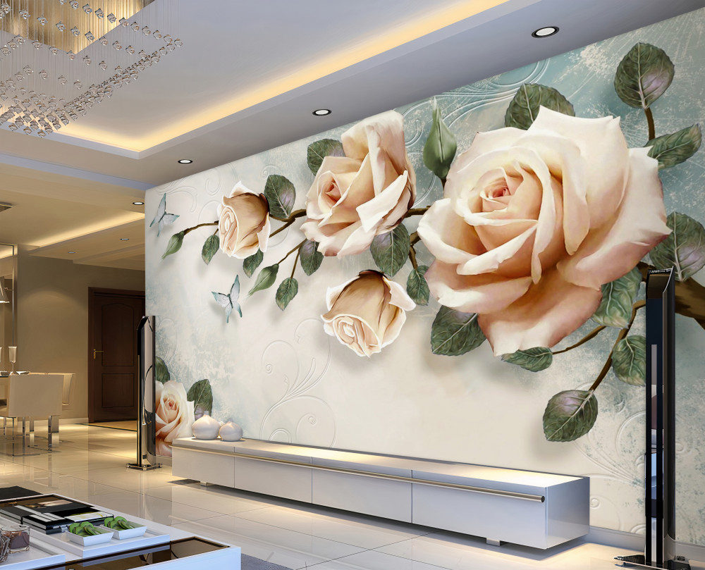 Fototapeta brzoskwiniowa róża i latające białe motyle