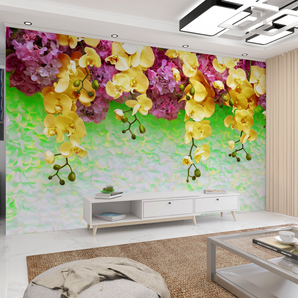 Fototapeta jasne czerwono-żółte kwiaty na jasnym tle