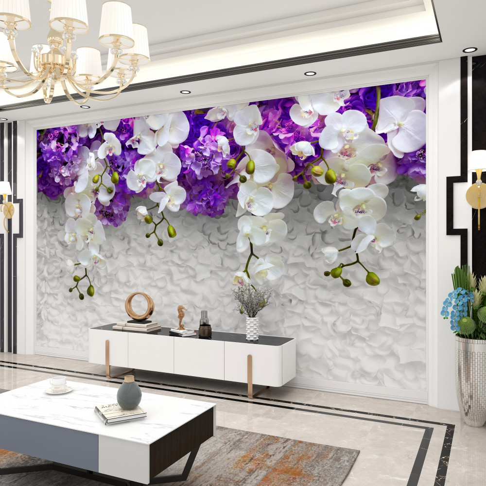 Fototapeta ściana z białych orchidei i fioletowych kwiatów