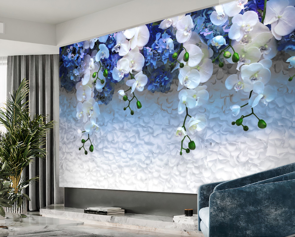 Fototapeta spadające białe i niebieskie kwiaty