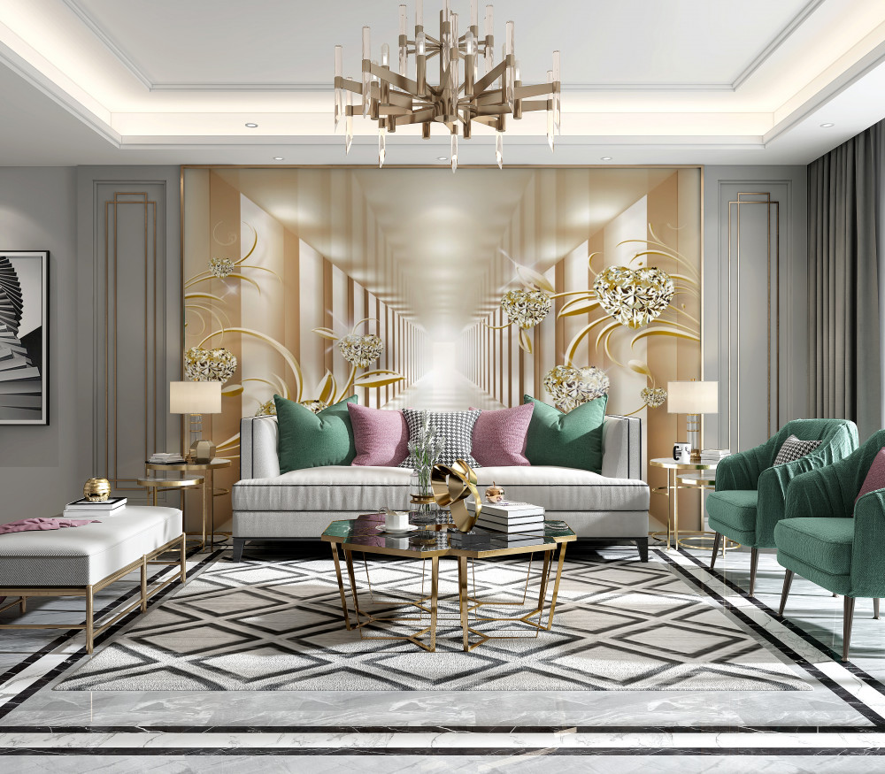 Fototapeta złote dekoracje na abstrakcyjnym korytarzu