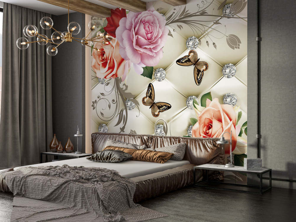 Fototapeta motyle na pąkach róż jasne z perłami