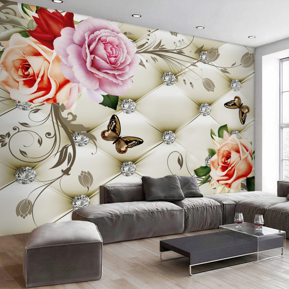 Fototapeta brzoskwinie i fioletowa róża z motylami