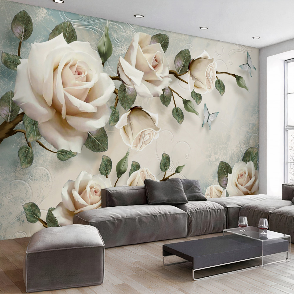 Fototapeta piękne gałązki białej róży z motylami