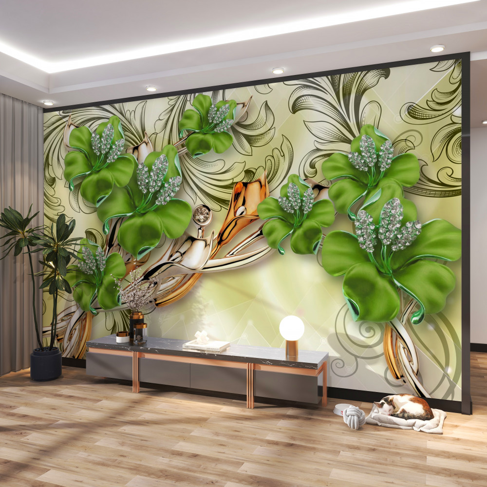 Fototapeta zielone kwiaty w perłach i złocie