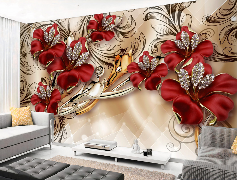 Fototapeta czerwone pąki w złotej biżuterii