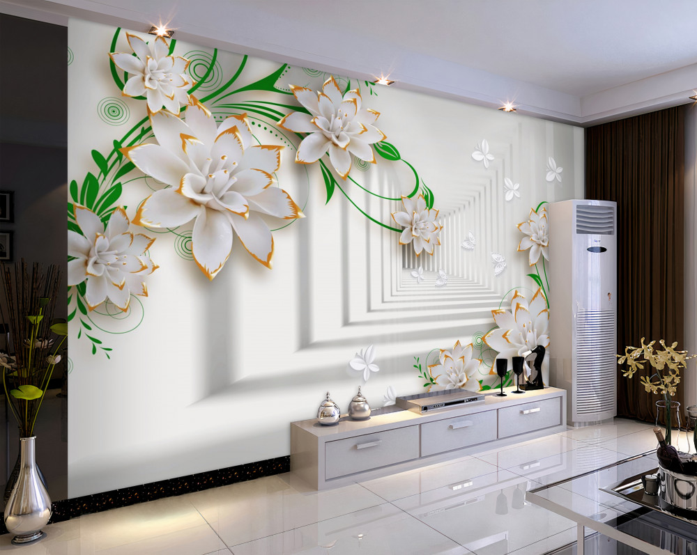 Fototapeta biały lotos na zielonych liściach w abstrakcyjnym tunelu