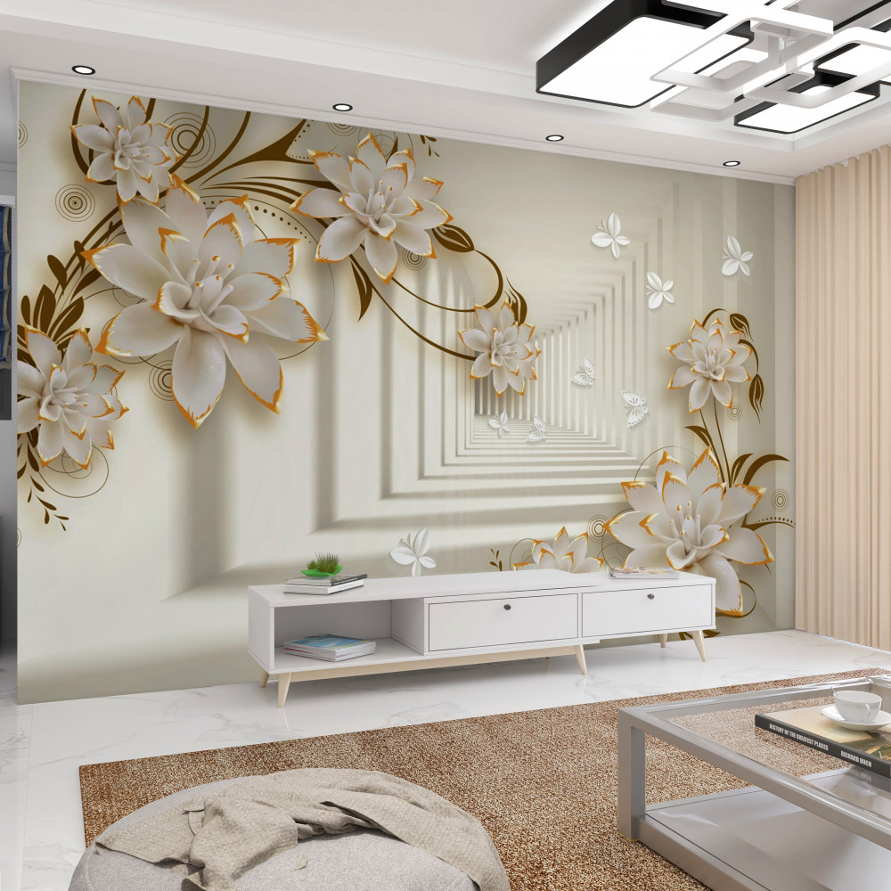 Fototapeta biała kolumnada i gałęzie kwitnące kwiatami