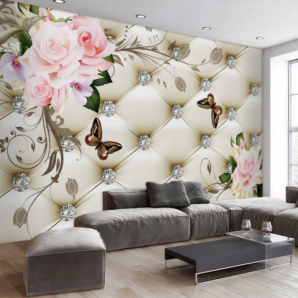 Fototapeta motyle nad różowymi różami i dekoracjami z tkaniny