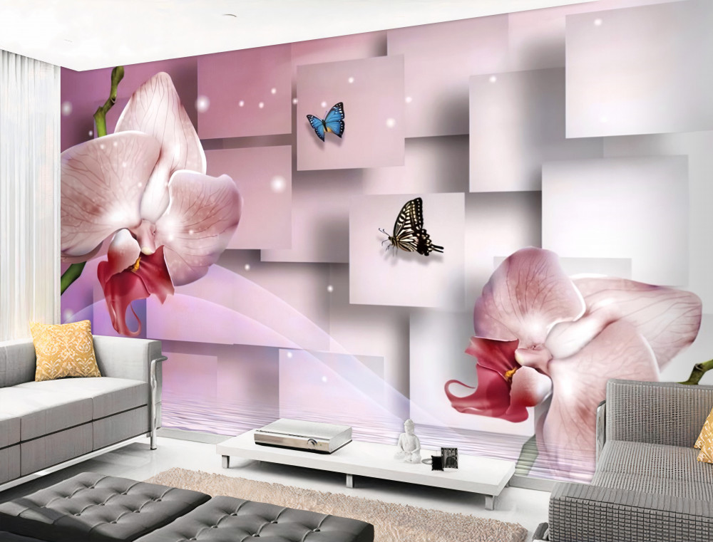 Fototapeta jasne kwiaty orchidei i motyle