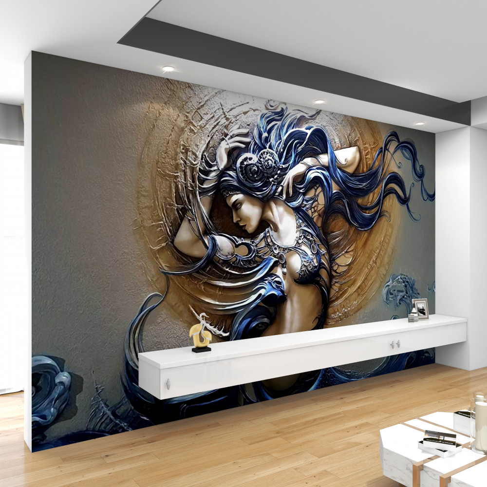 Fototapeta kolorowa płaskorzeźba przedstawiająca dziewczynę na tle słońca