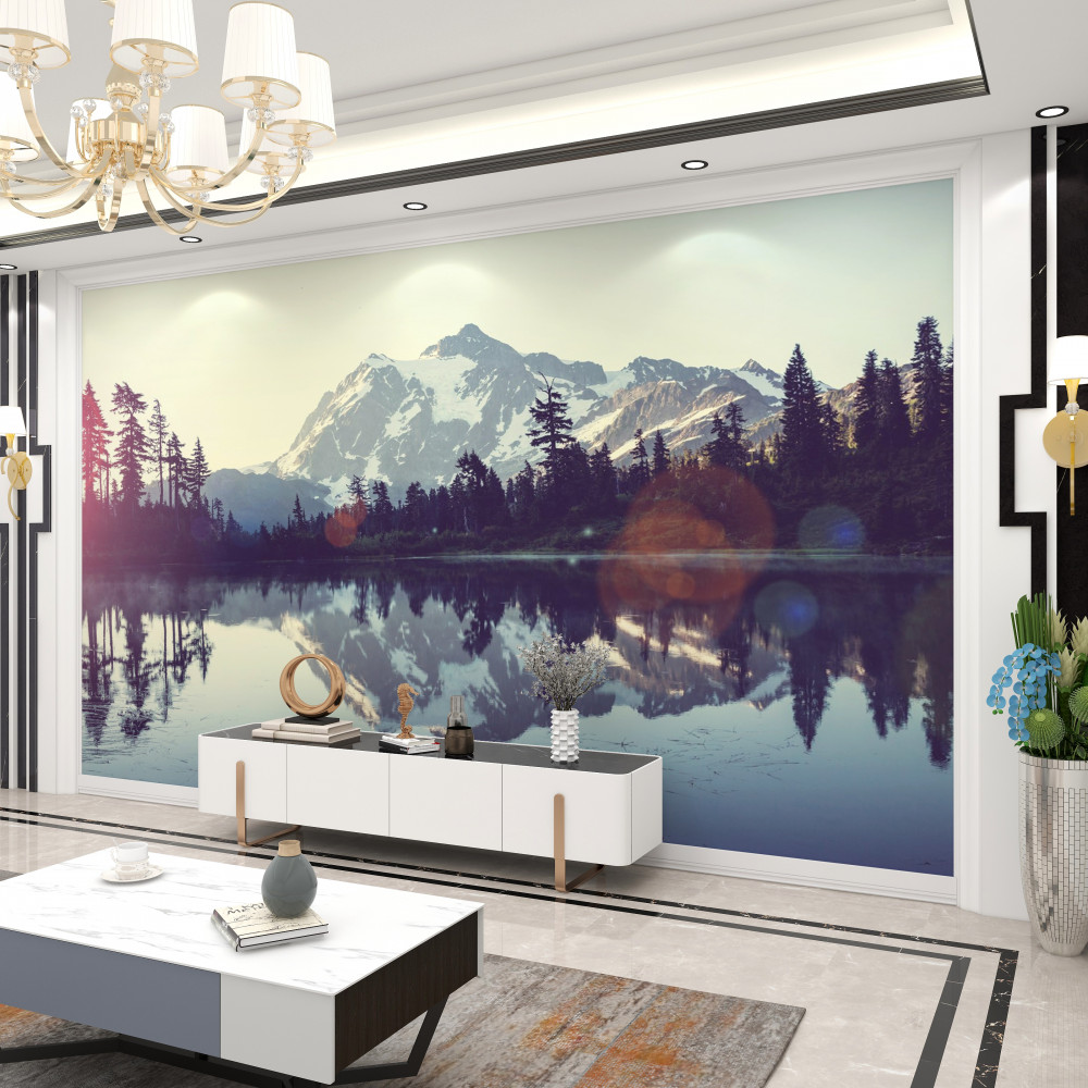 Fototapeta niesamowity las i góry w odbiciu krystalicznie czystej wody