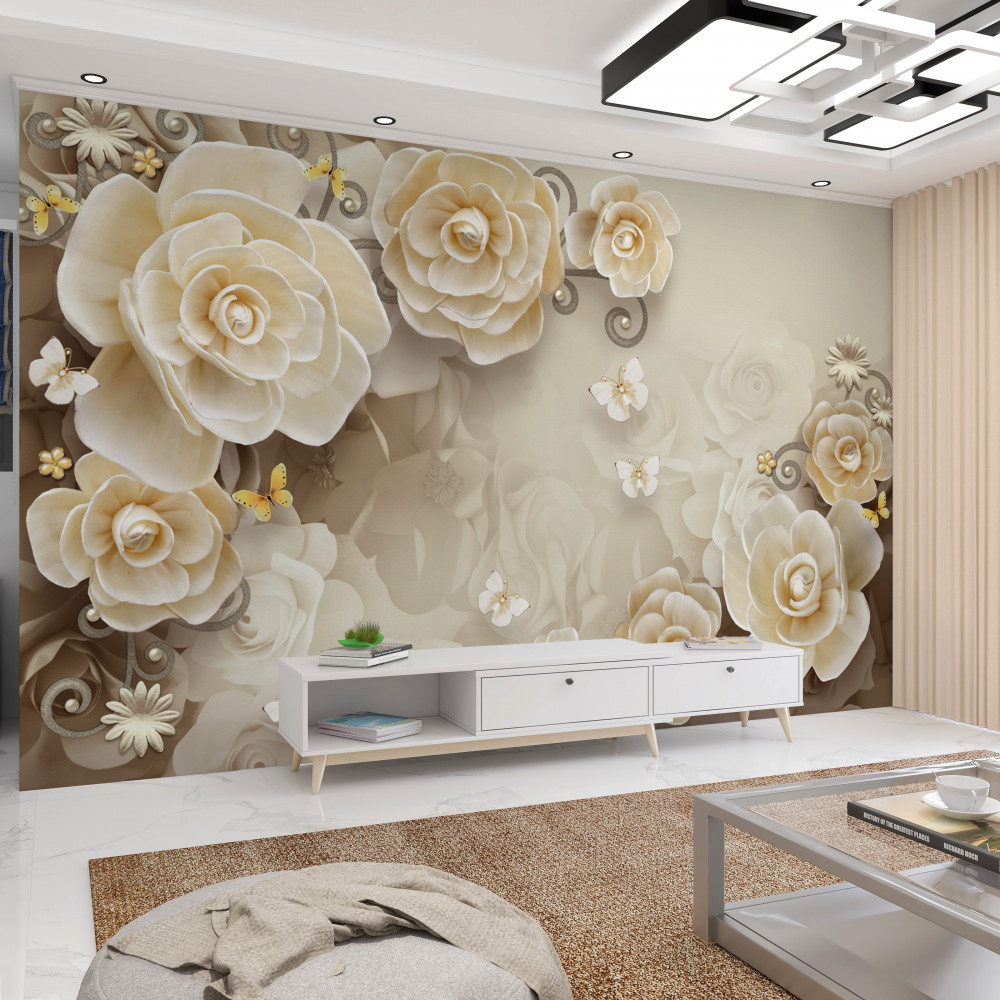 Fototapeta kwiaty z perłami na jasnym tle