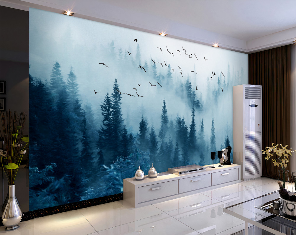 Fototapeta ptaki latają nad mglistym lasem