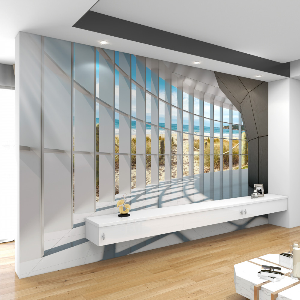 Fototapeta widok na morze przez białe okna w przedpokoju