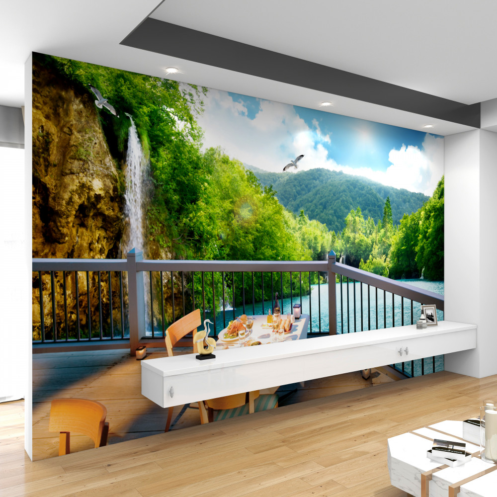 Fototapeta romantyczne śniadanie z widokiem na wodospad