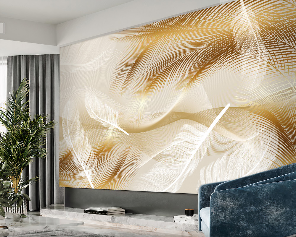 Fototapeta białe pióra i złote gałązki