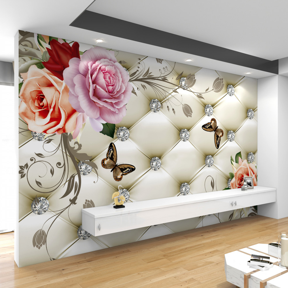 Fototapeta biała pikowana ściana z różami i motylami