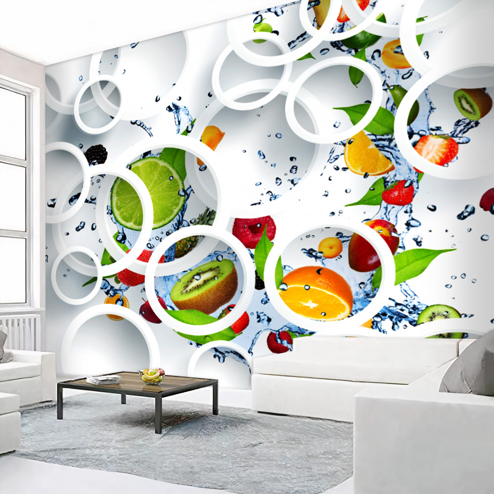 Fototapeta wycinaj różne owoce i białe kółka
