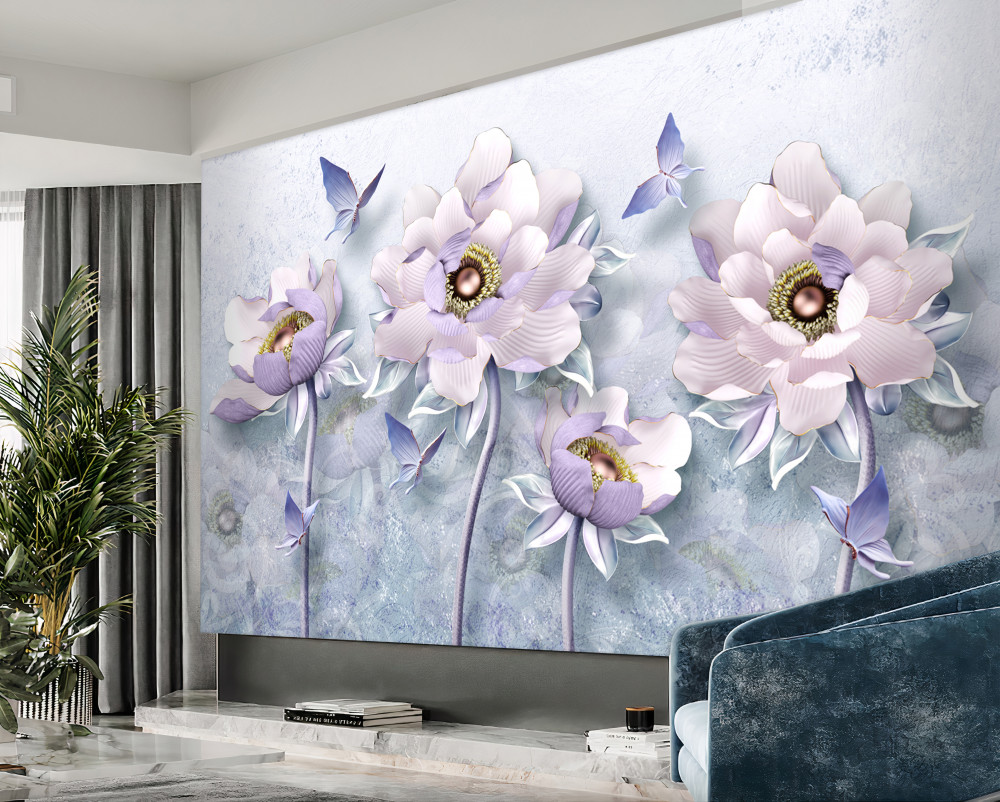 Fototapeta delikatne kwiaty i fioletowe motyle