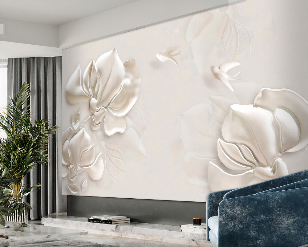 Fototapeta kwiaty i ptaki z białej tkaniny