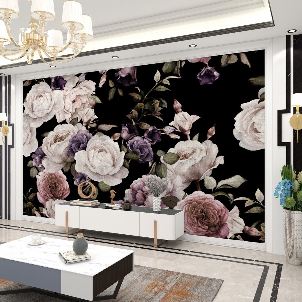 Fototapeta duże róże na czarnym tle