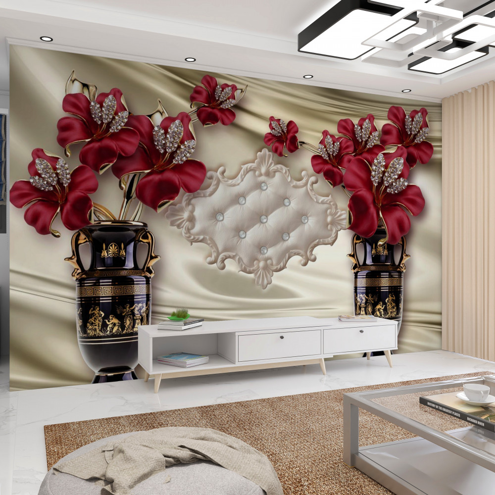 Fototapeta czerwone lilie w czarnych wazonach