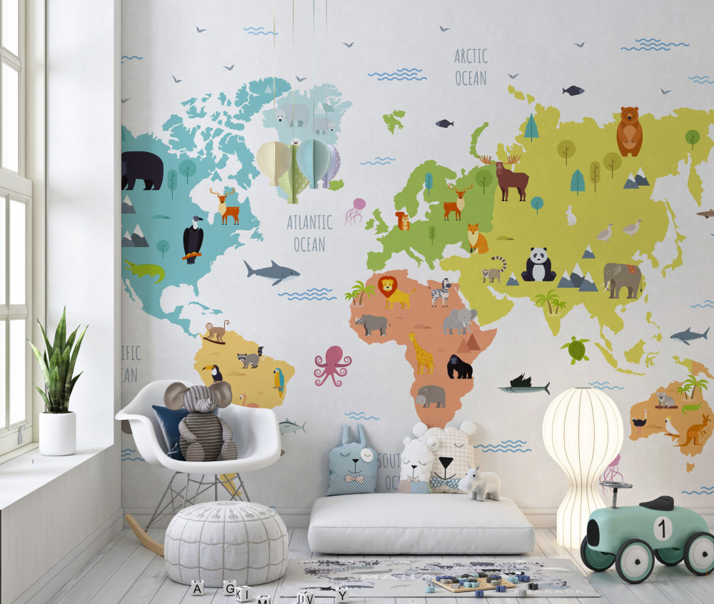 Fototapeta wielobarwna mapa świata ze zwierzętami