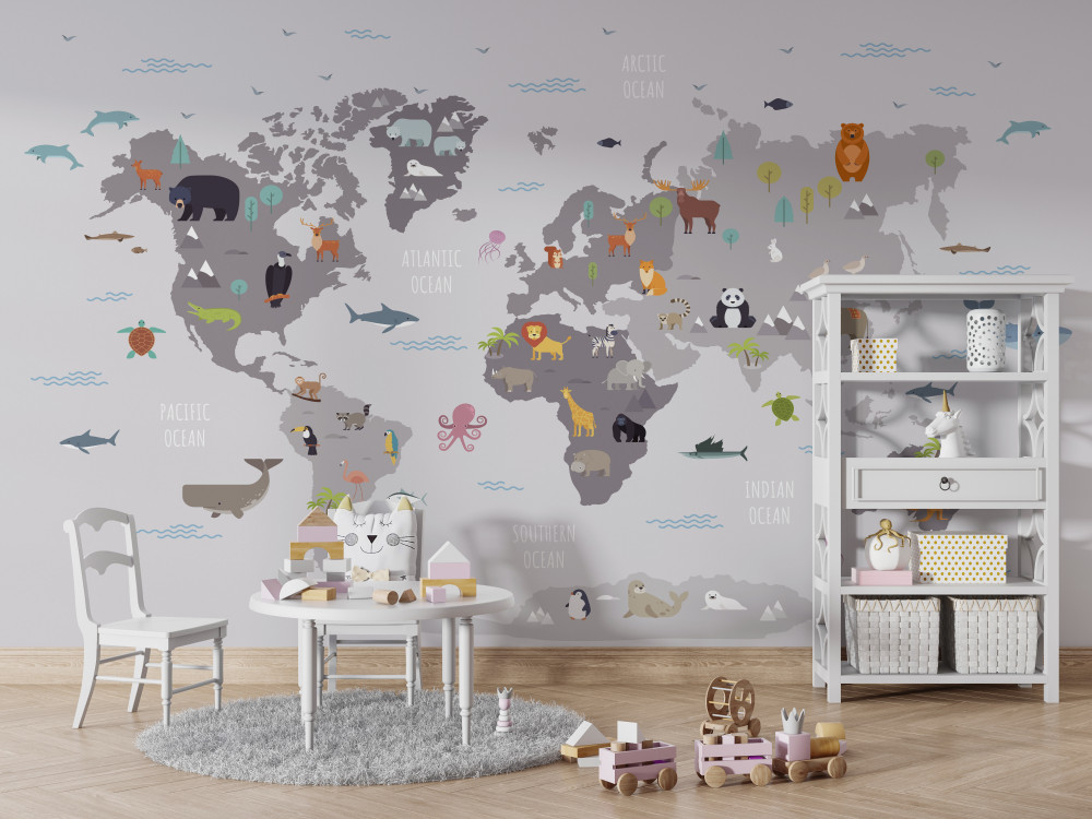 Fototapeta mapa świata ze zwierzętami w szarych kolorach