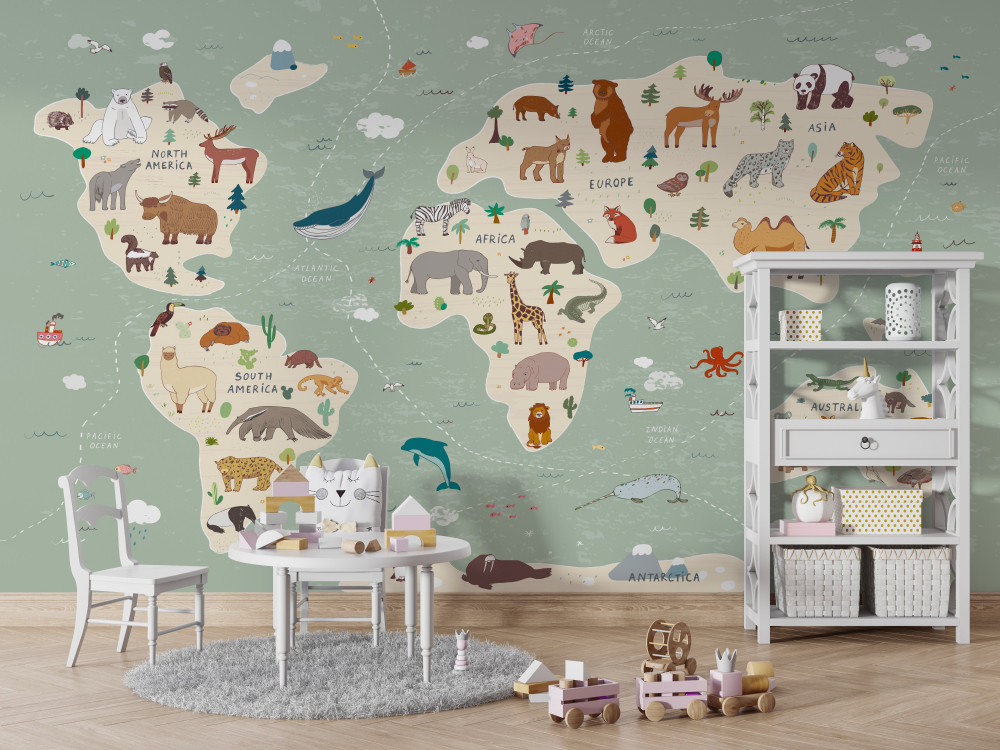 Fototapeta wiele zwierząt na mapie świata