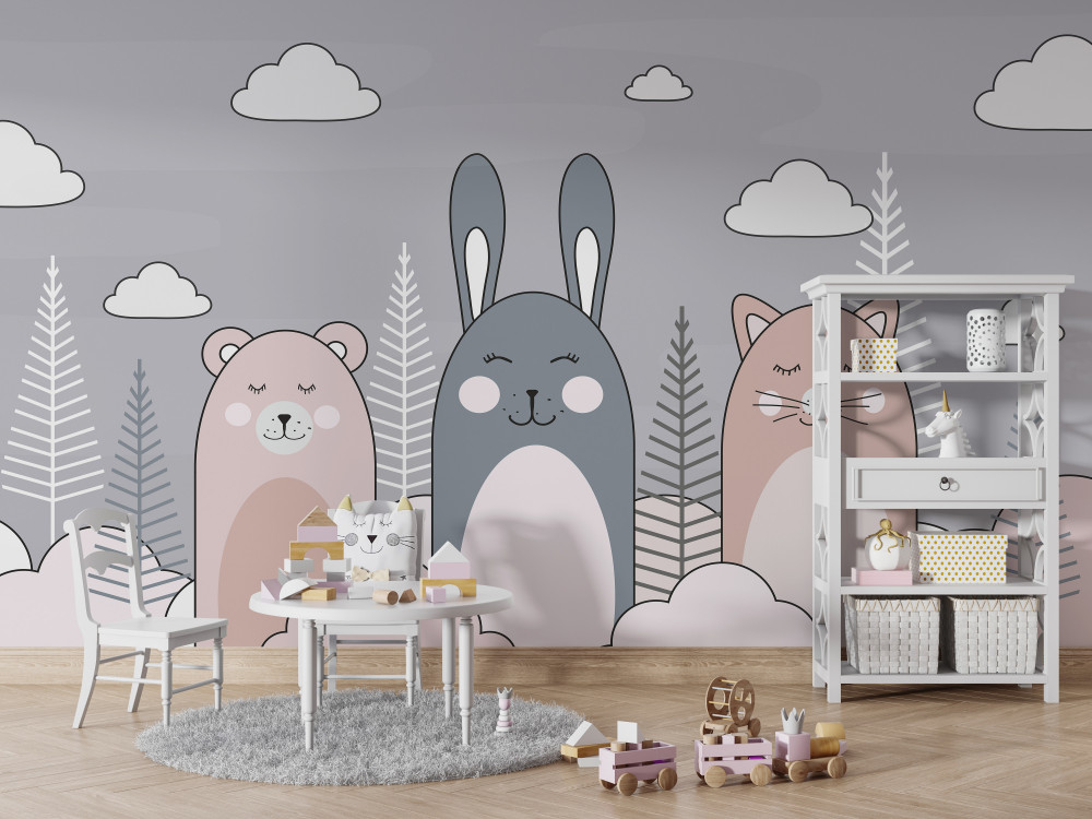 Fototapeta niedźwiedź, króliczek i kot wśród chmur