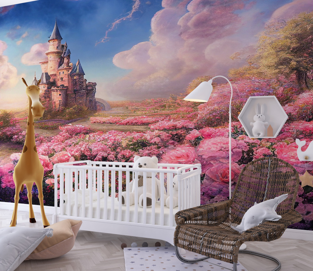 Fototapeta łąka kwiatów na tle bajkowego zamku