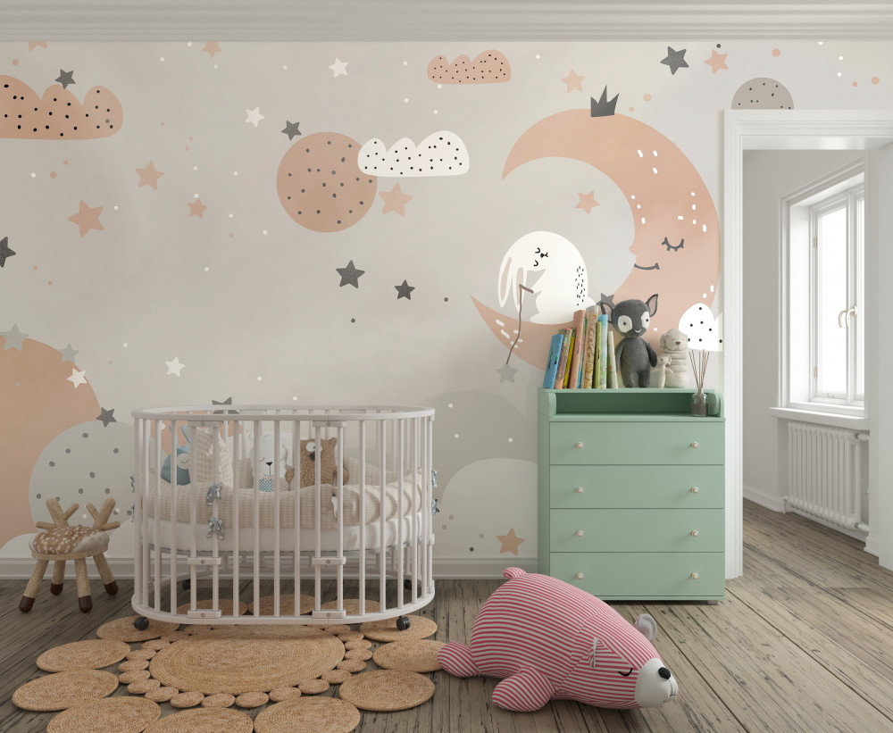 Fototapeta biały króliczek na księżycu łapie gwiazdy