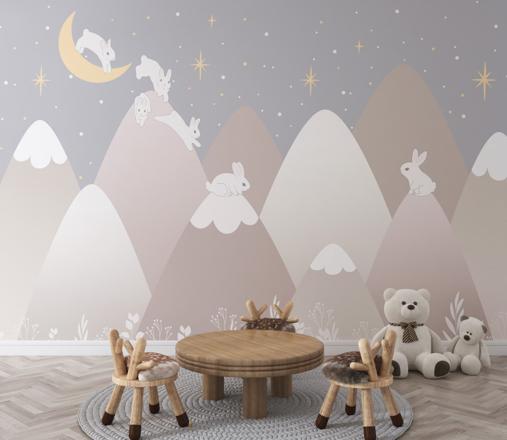 Fototapeta białe króliczki skaczące po malowanych górach