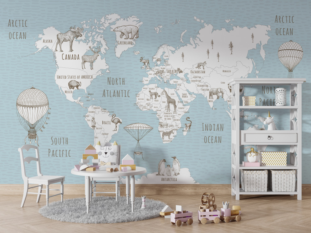 Fototapeta mapa świata ze zwierzętami i latającymi samochodami