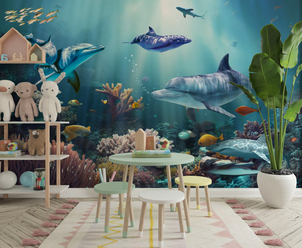 Fototapeta delfiny pływają z rybami