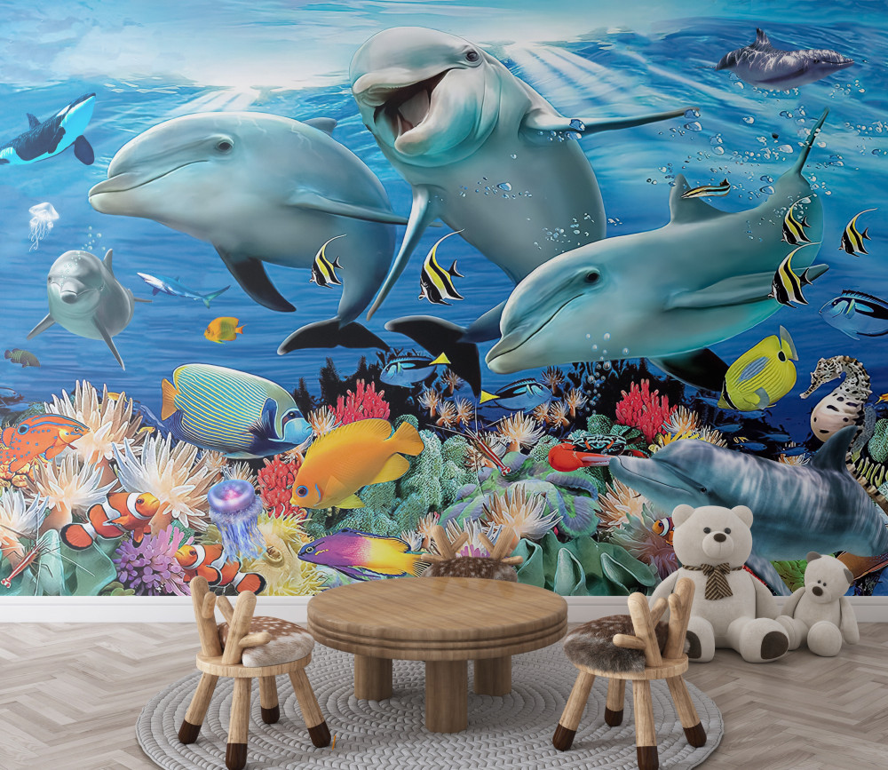 Fototapeta uśmiechnięte delfiny i ryby pod wodą