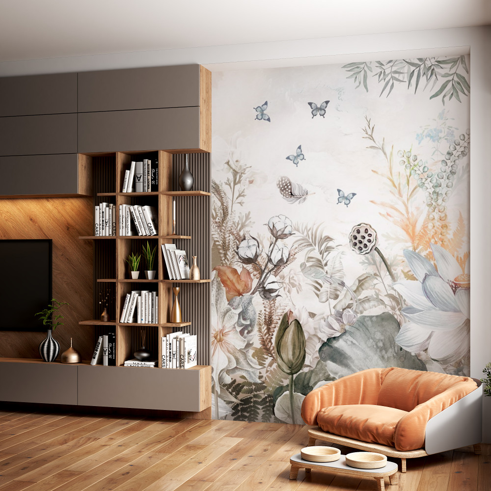 Fototapeta las z tropikalnymi kwiatami i motylami