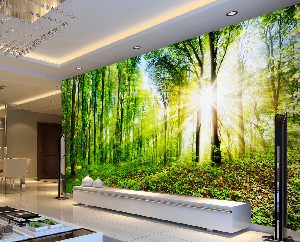 Fototapeta świt w zielonym lesie liściastym