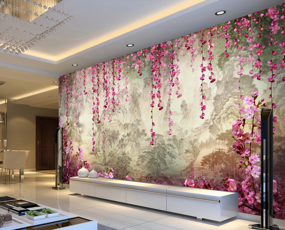 Fototapeta różowe kwiaty spadające nad wodą