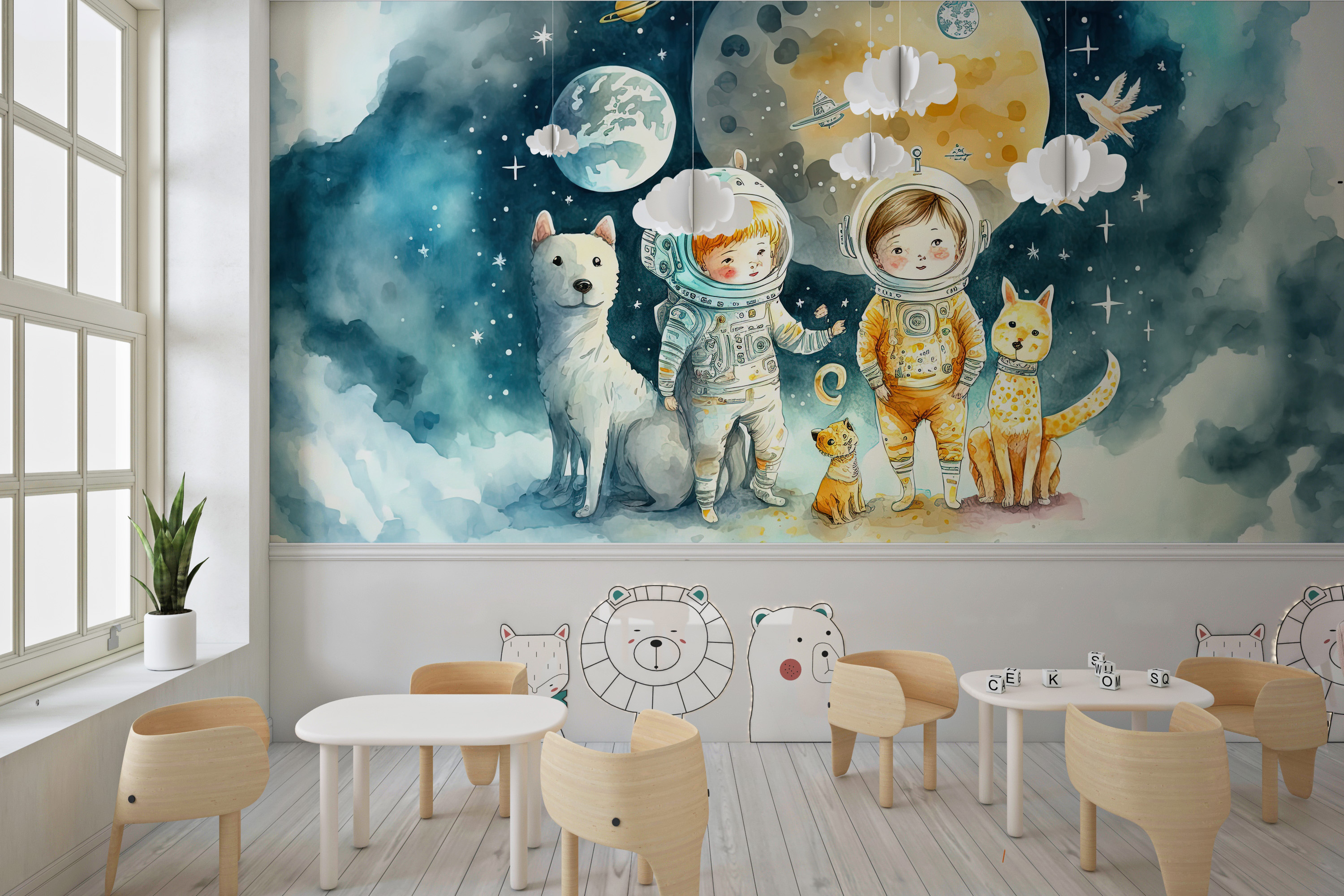 Fototapeta Dzieciaki ze zwierzętami w kosmosie