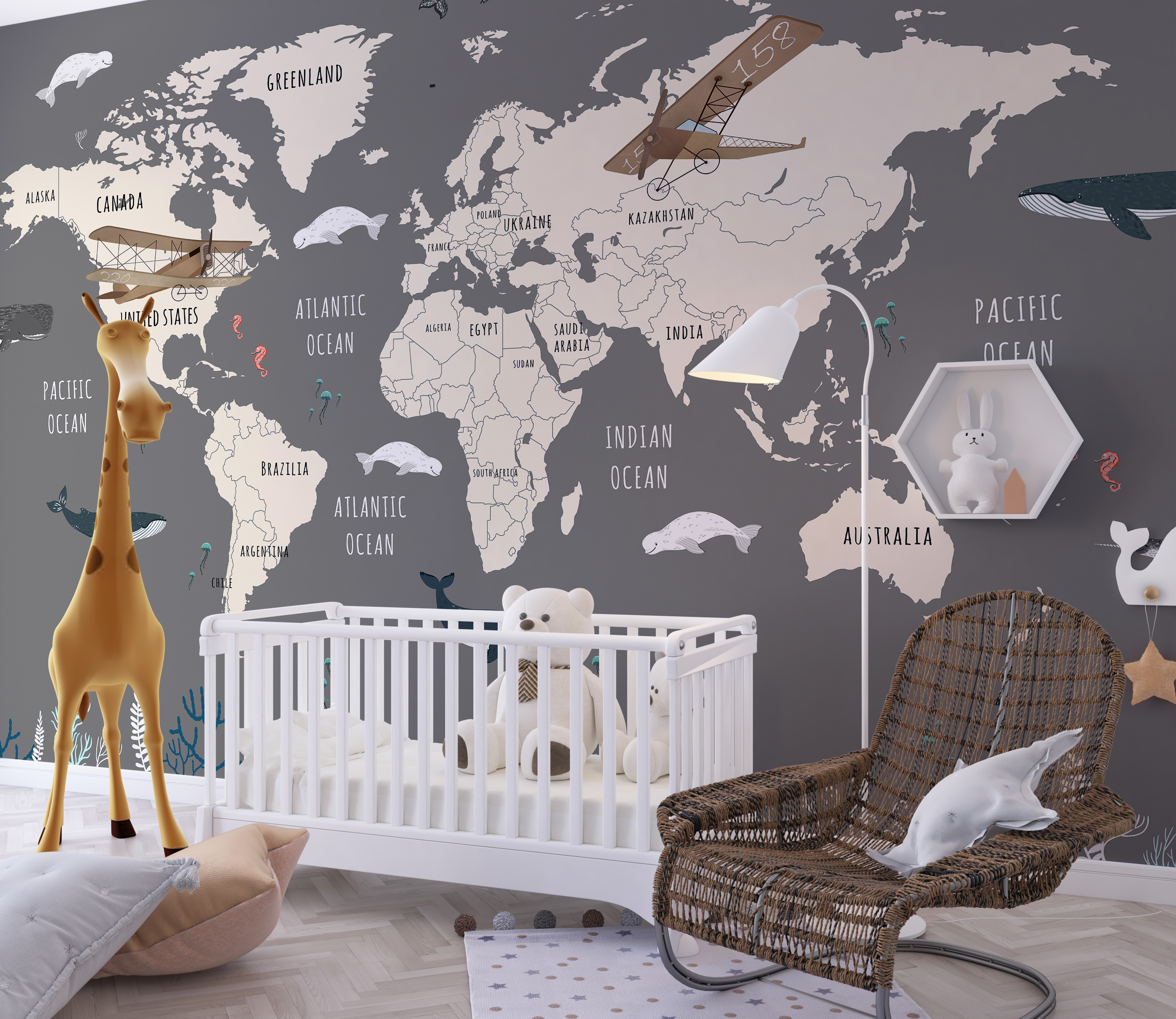 Fototapeta Mapa świata z podwodnymi zwierzętami