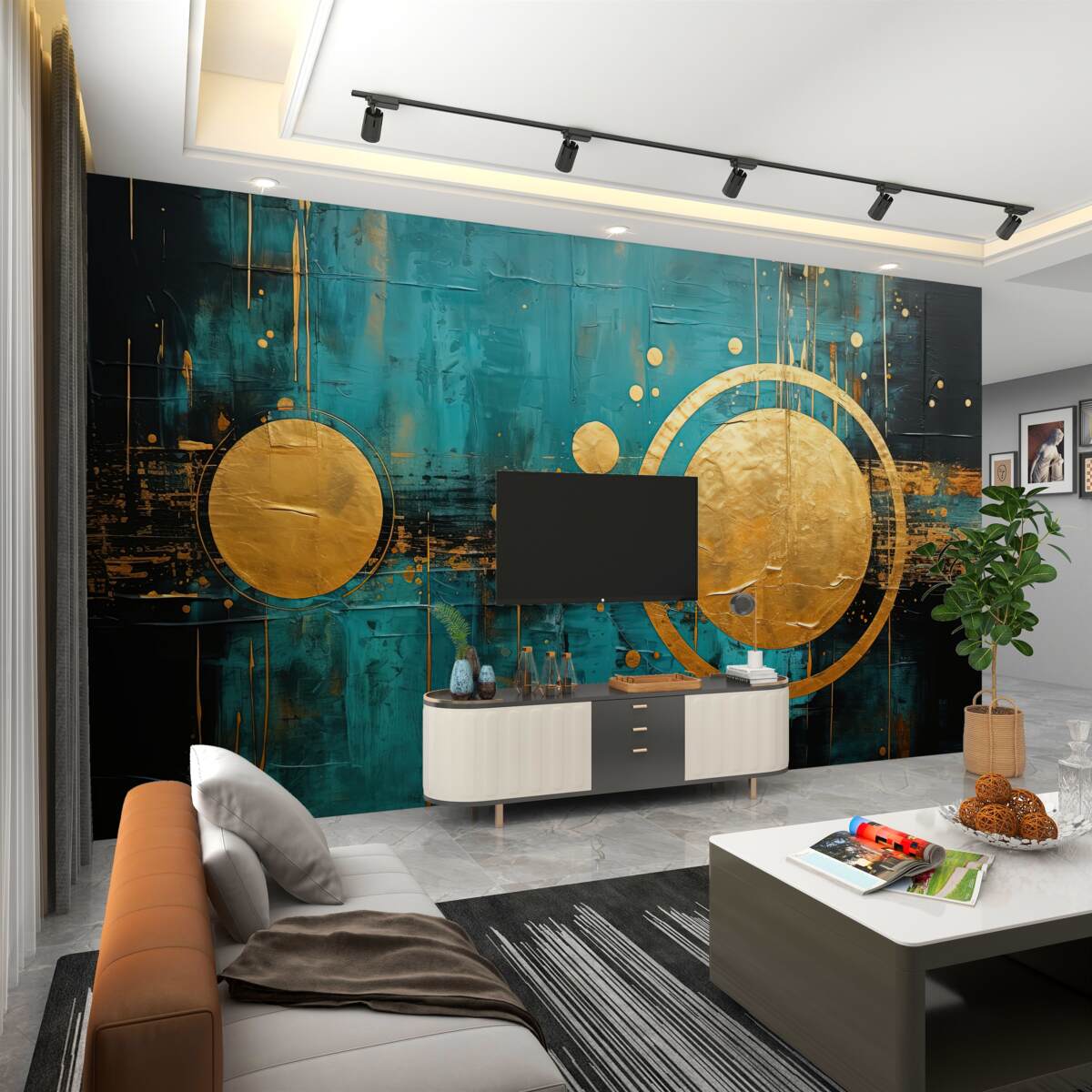 Fototapeta Złote kółka na turkusowym tle