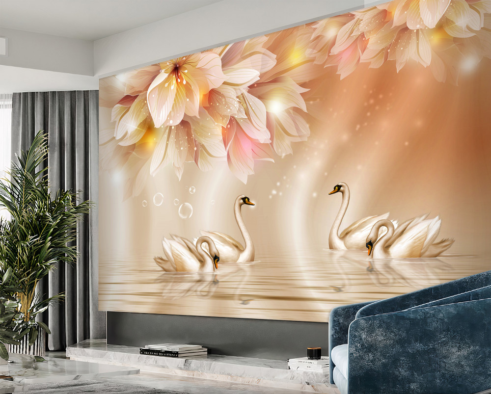 Fototapeta delikatne stado łabędzi na kwiecistej wodzie