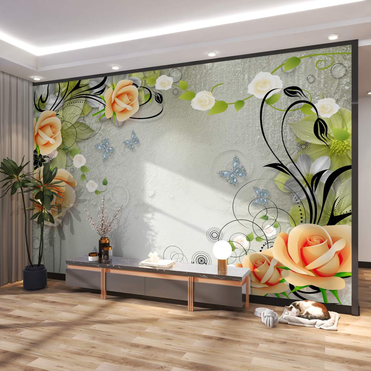 Fototapeta gałęzie róży brzoskwiniowej z motylami