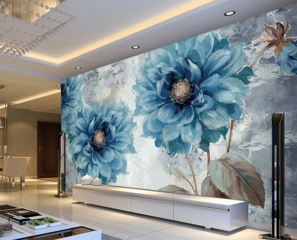 Fototapeta niebieskie kwiaty i ptaki podczas letniego deszczu