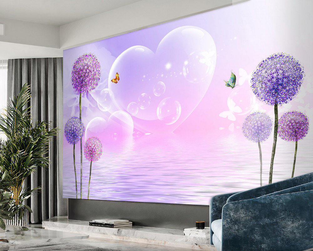 Fototapeta fioletowe kwiaty na tle wody i serc