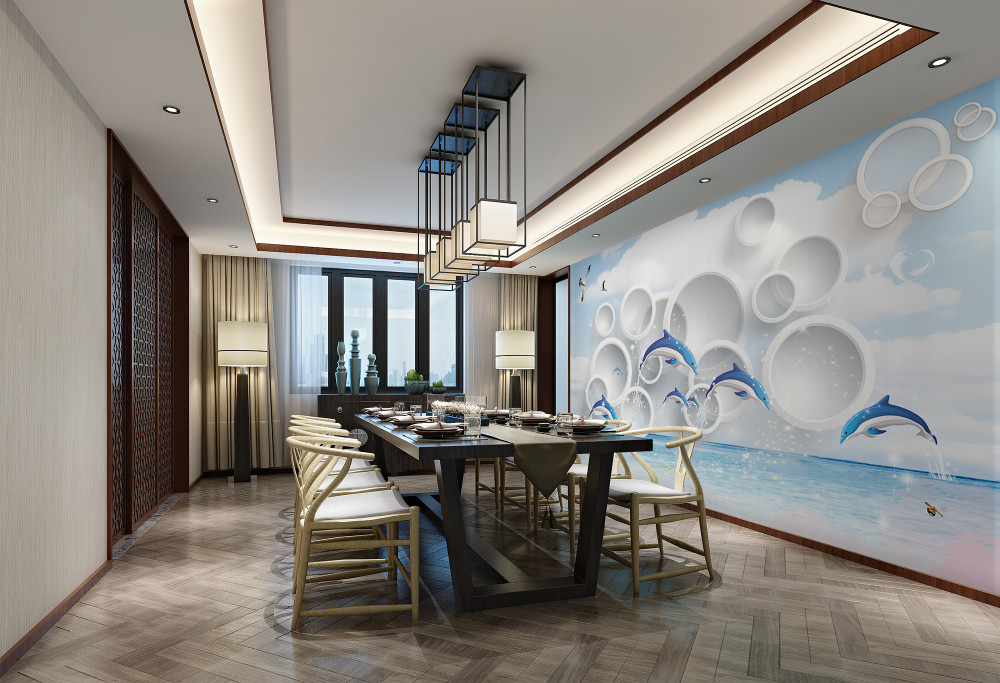 Fototapeta delfiny skaczące nad wodą i abstrakcyjne pierścienie