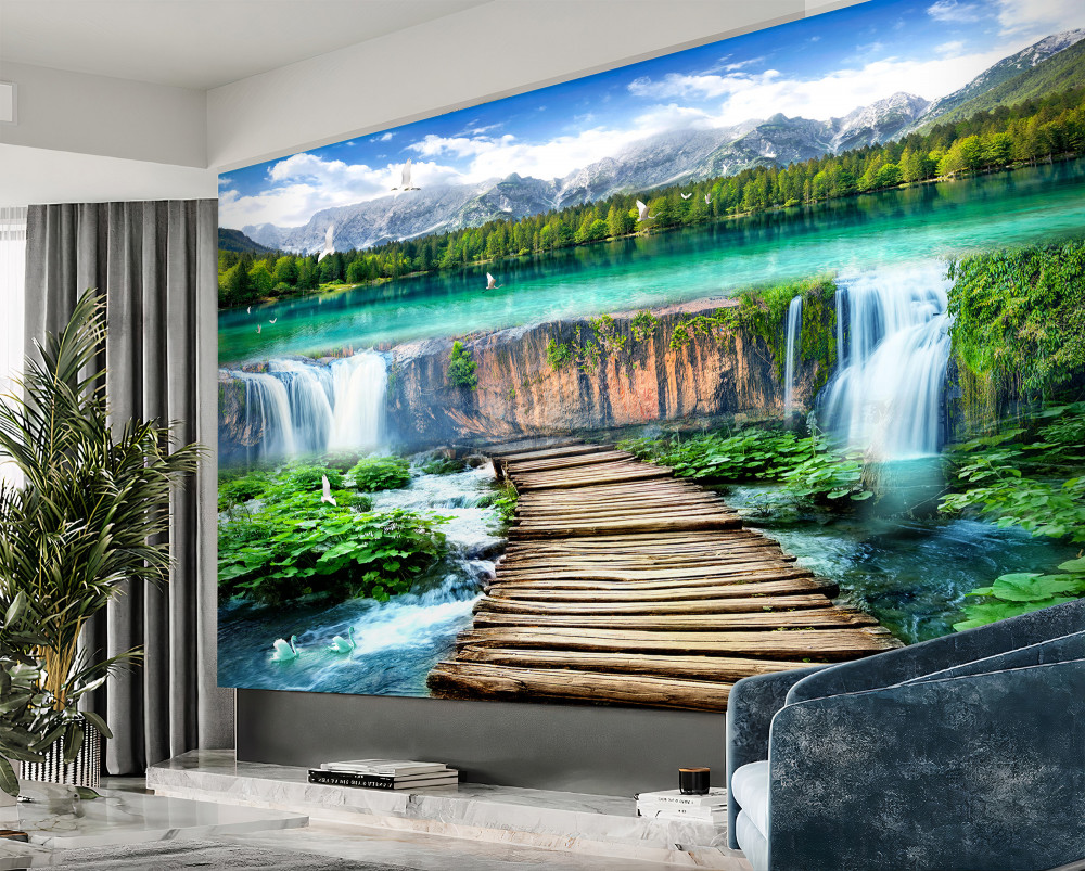 Fototapeta drewniany most do podnóża wodospadu