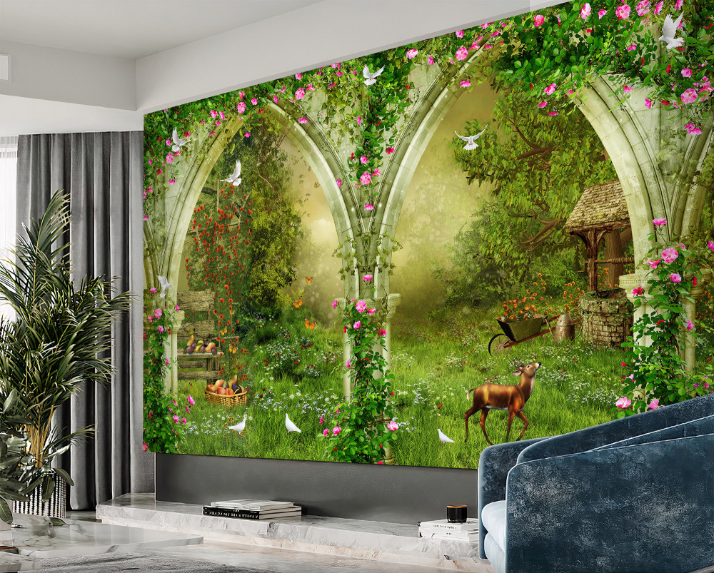 Fototapeta zielone kamienne łuki ze zwierzętami